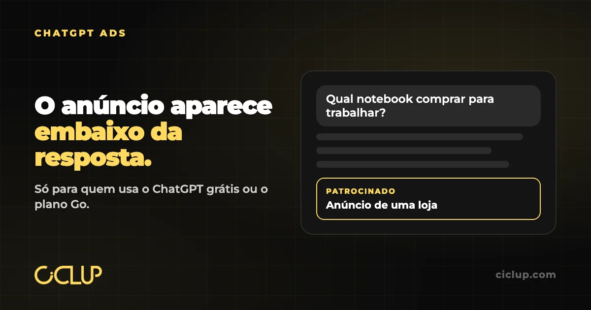 Ilustração de uma conversa no ChatGPT com um anúncio marcado como patrocinado abaixo da resposta
